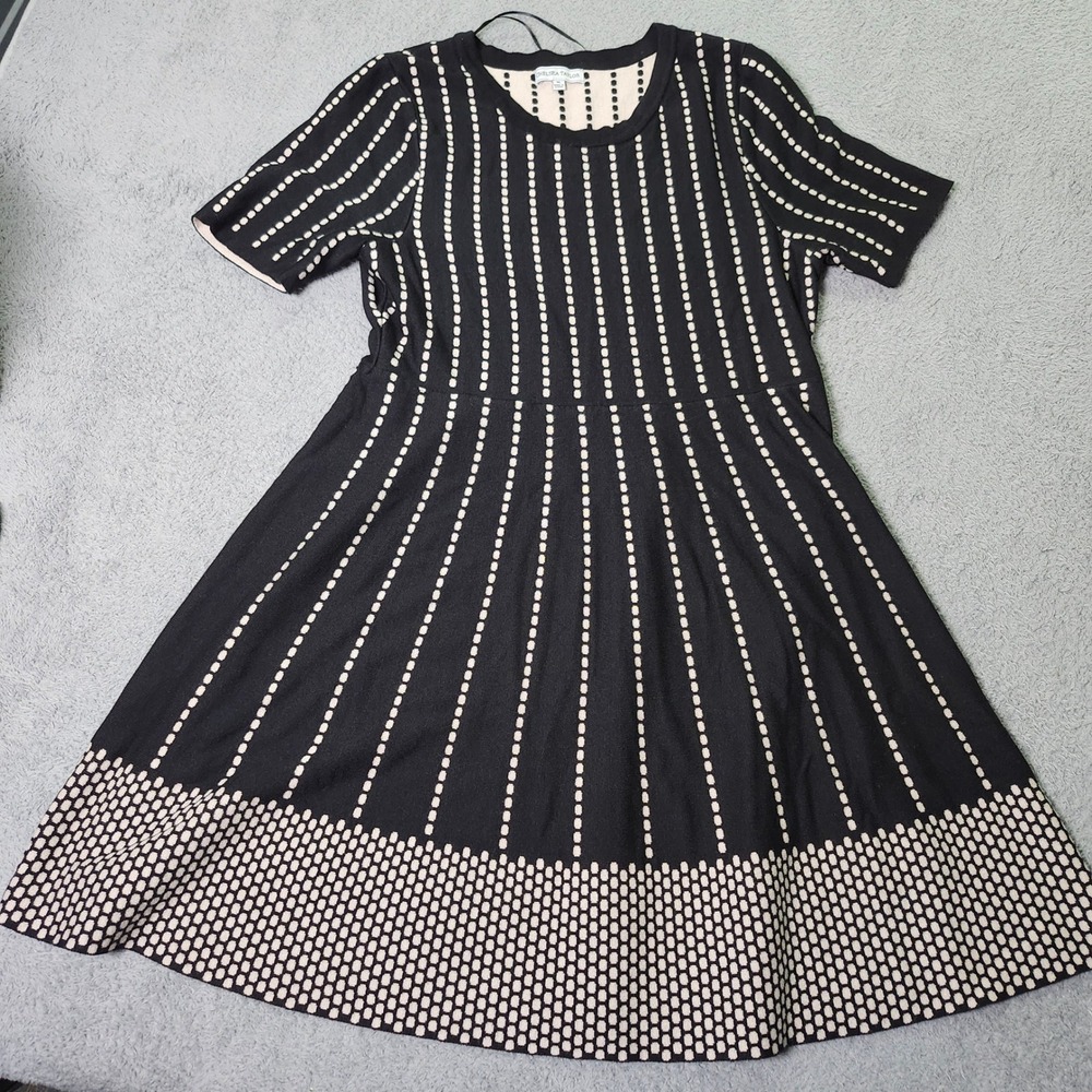 Chelsea Taylor Womens XL Sweater Dress Black Cream Geometric Fit Flare Knit